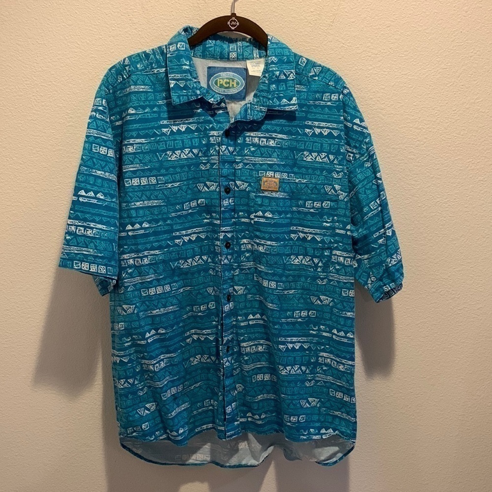 Mens PCH 100% Cotton Short Sleeve Shirt. Blue Teal&White. Size Large.‌‌‌‌‌‌‌